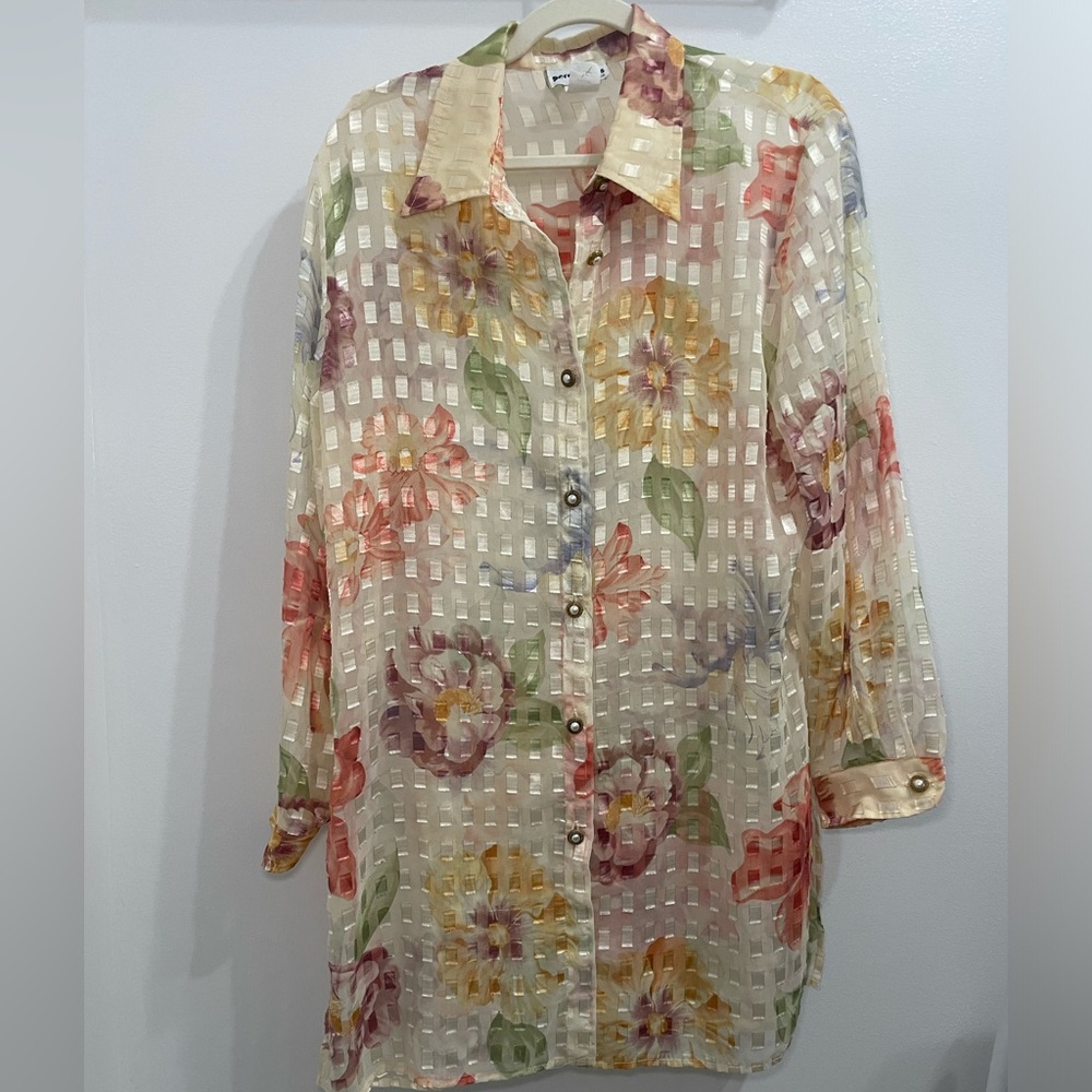 Vintage Perceptions Floral Sheer Blouse Button Up Feminine Women's L/XL